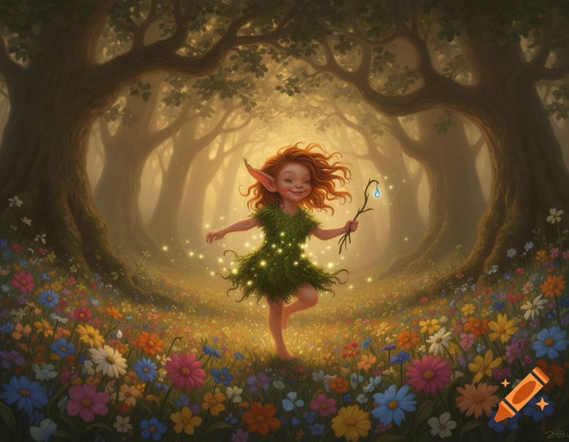 A whimsical red-haired fairy in a green dress skips through a sun-dappled magical forest, surrounded by colorful wildflowers.