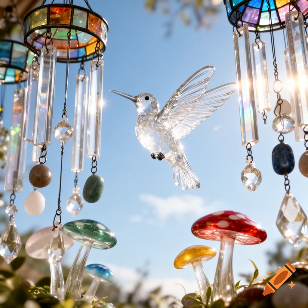 Decorative wind chimes with colorful stained glass and clear crystals, a glass hummingbird, and whimsical glass mushrooms against a bright blue sky.