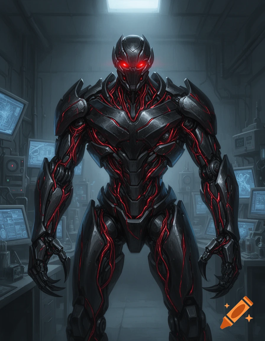 A dark, armored robot with glowing red eyes and red circuitry stands in ...