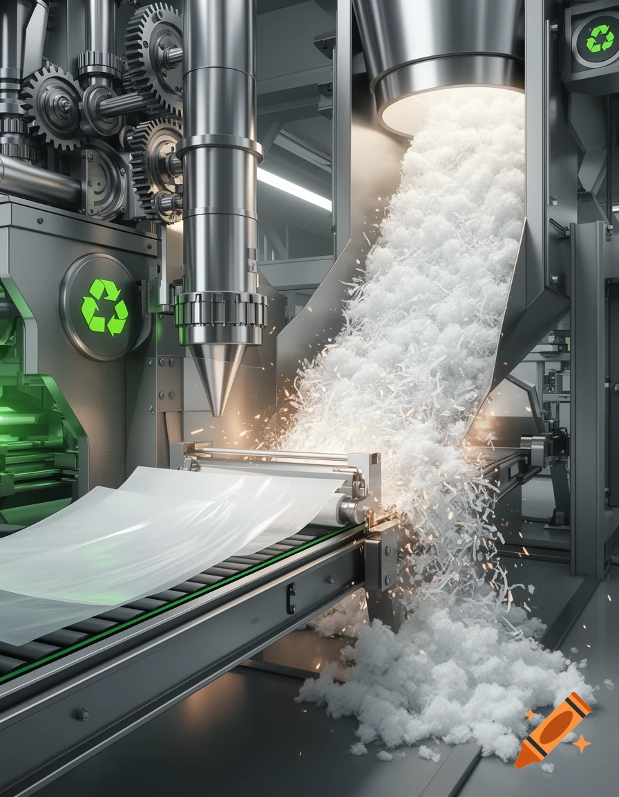 Photorealistic image of industrial machinery processing white fibrous material onto a conveyor belt, with green recycling symbols visible.