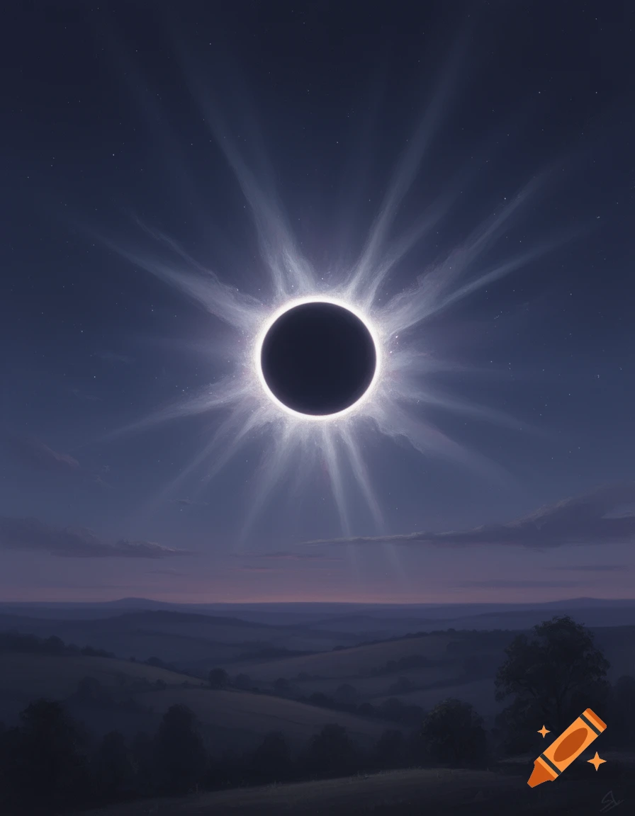 A dramatic total solar eclipse with a bright corona illuminates a dark ...