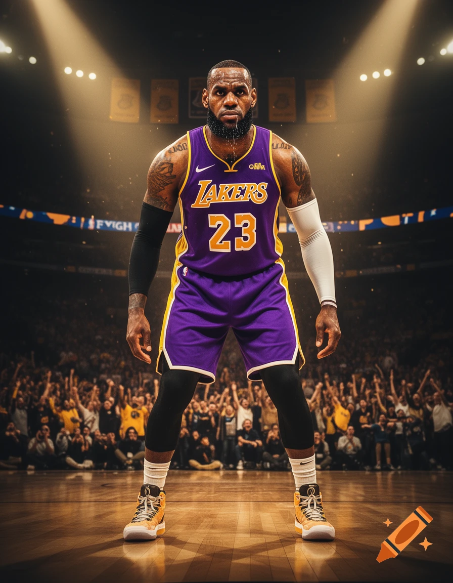 Photorealistic image of LeBron James in a purple and yellow Lakers uniform, standing on a basketball court in an arena.