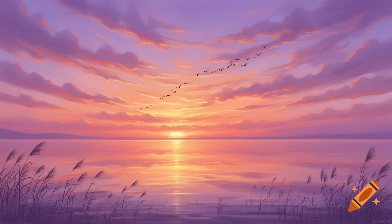 A vibrant sunset over a calm body of water, with pink and purple clouds reflecting on the surface and silhouetted reeds in the foreground. Birds fly across the sky.