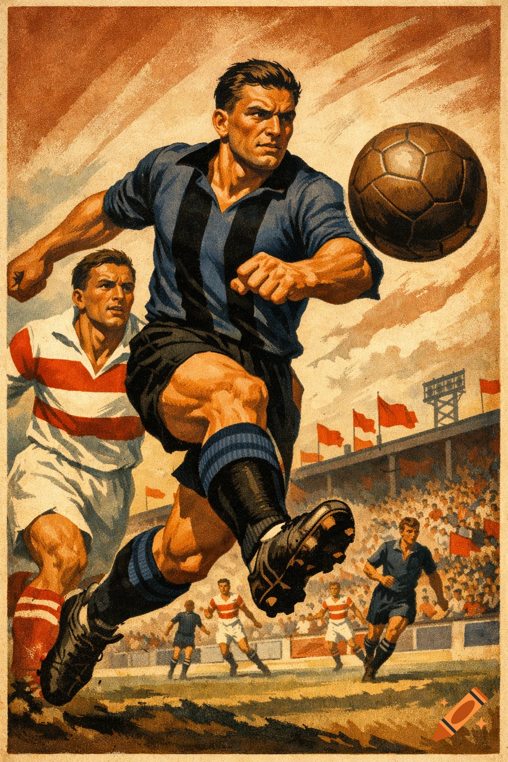 Dynamic socialist propaganda poster of a muscular soccer player in blue and black uniform kicking a ball, with an opponent and stadium in background.
