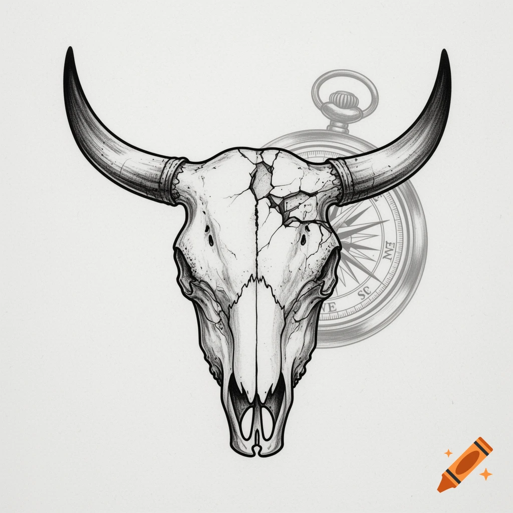 A fine-line black and grey tattoo design of a weathered bull's skull with cracked details, an antique compass faded in the background.