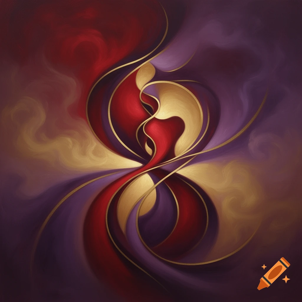 Abstract painting with swirling, intertwining forms in rich red, gold, and purple, accented by delicate golden lines.