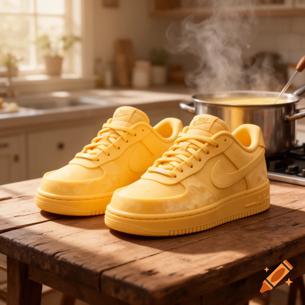 Two yellow Nike cheese shoes on a wooden kitchen table next to a steaming pot.