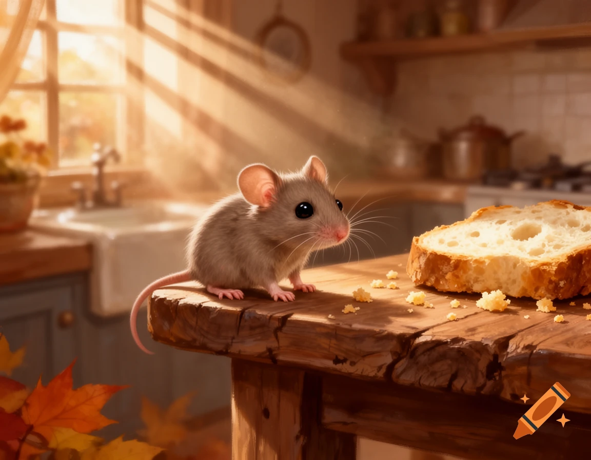 A small, fluffy mouse sits on a rustic wooden table next to a slice of bread and crumbs, in a sunlit kitchen.