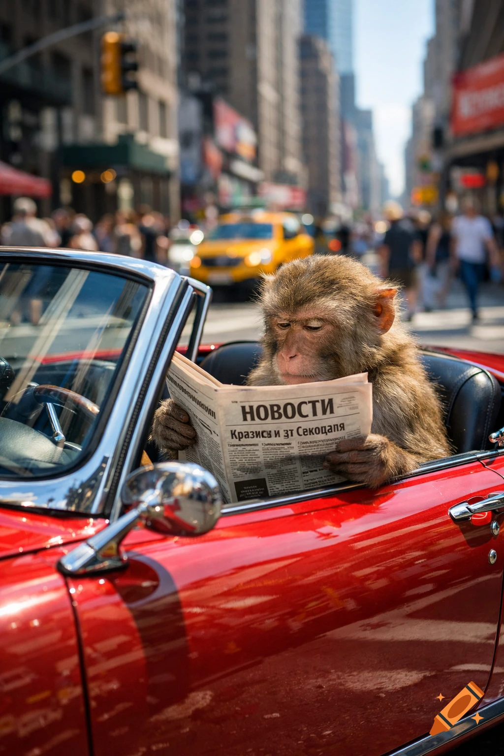 A monkey sits in a red convertible car on a city street, intently reading a newspaper in broad daylight. Photorealistic.