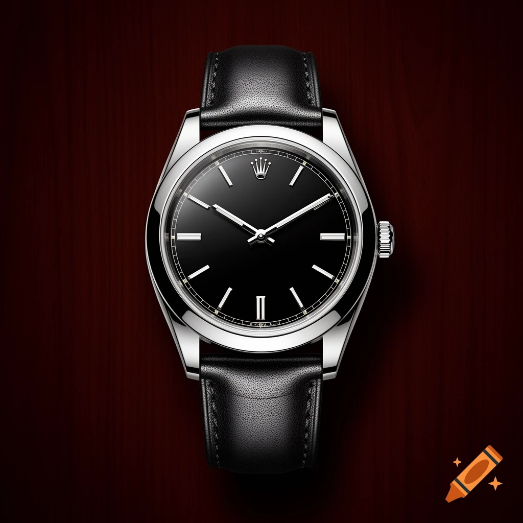A close-up of a silver Rolex watch with a black dial and a black leather strap on a dark red wooden background.
