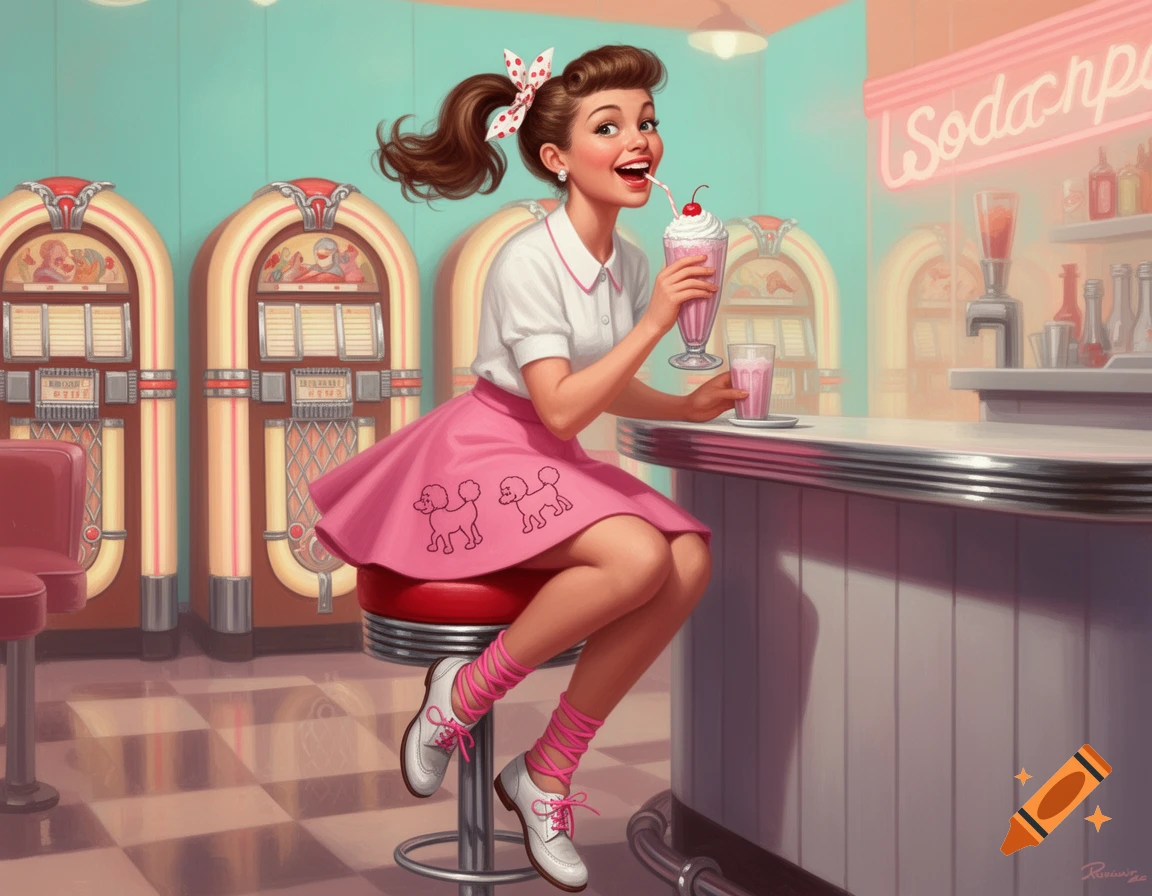 A cheerful 1950s pin-up style woman in a poodle skirt sips a milkshake at a diner counter with jukeboxes in the background.