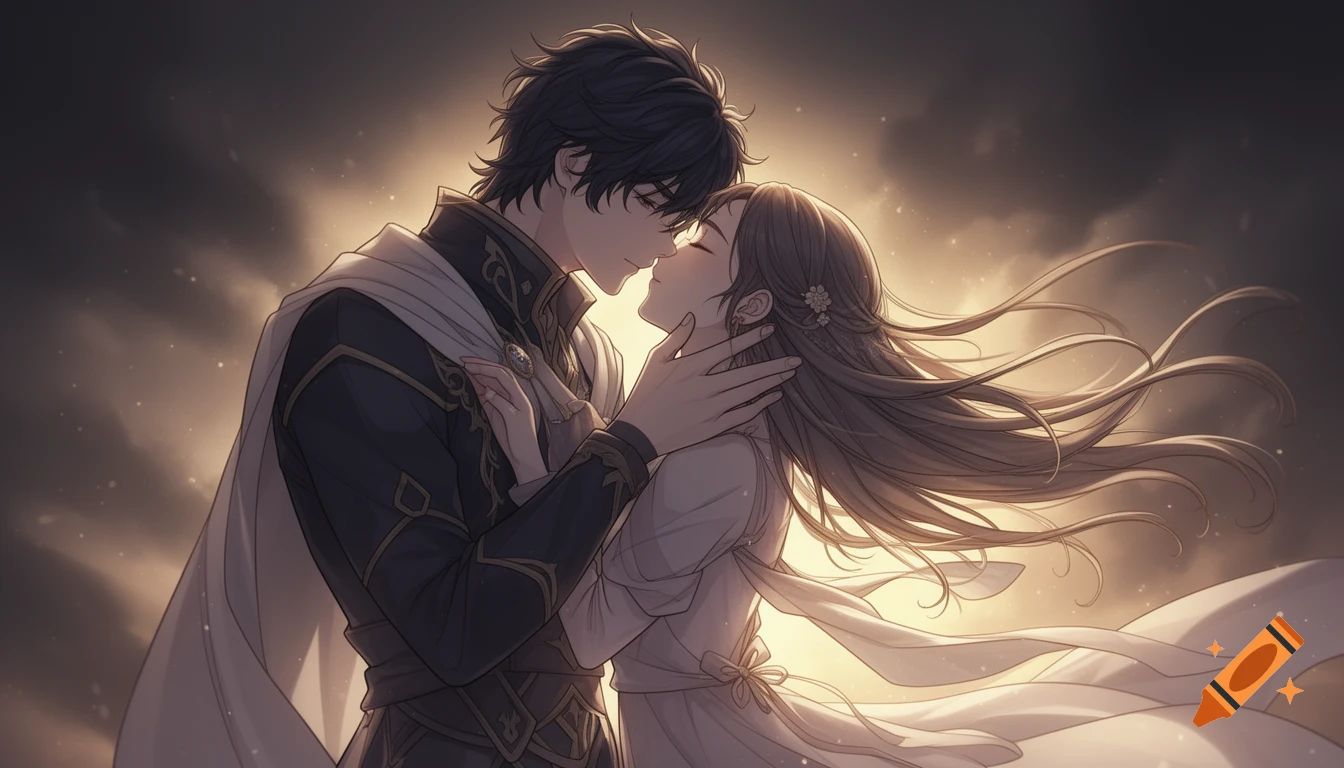 A dark-haired man in fantasy attire gently cups the face of a long-haired woman, both with closed eyes, sharing a tender kiss in a warm, glowing manhwa style.