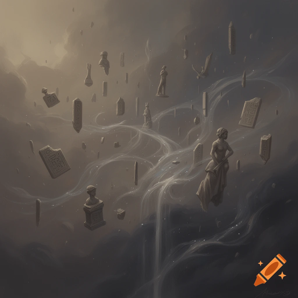 A surreal, ethereal scene with ancient statues, busts, and inscribed stone tablets floating amidst swirling mist and glowing particles.