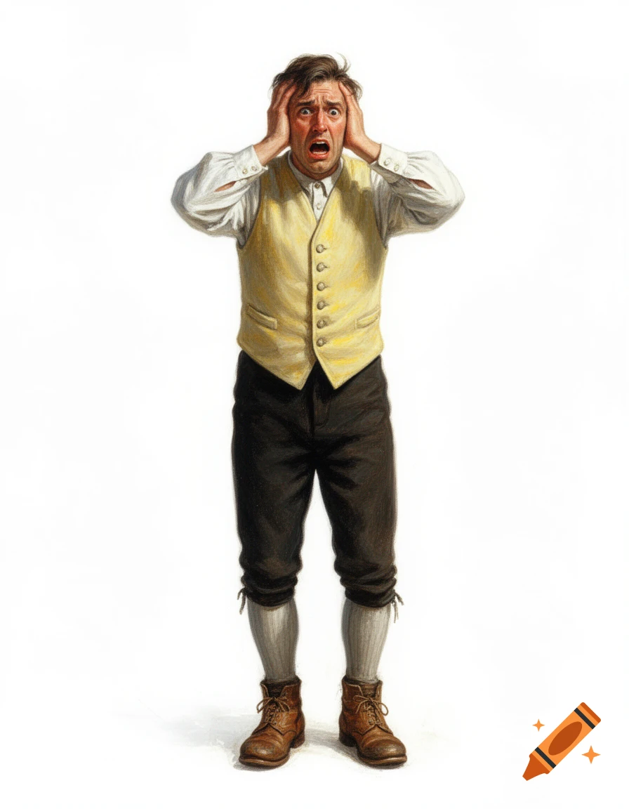 Illustration of a man in old-fashioned peasant clothes, hands on head, screaming in fear against a white background.