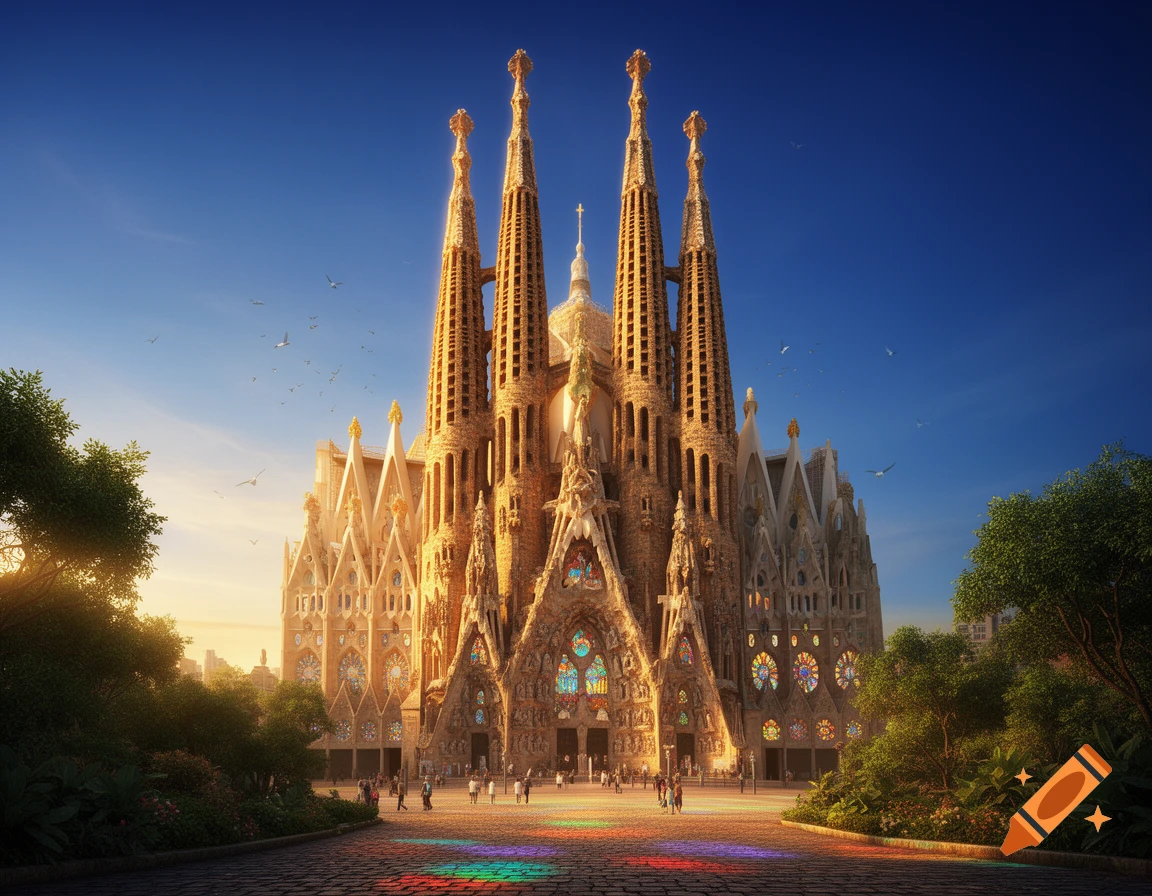 Photorealistic depiction of the Sagrada Familia basilica bathed in golden light at sunset, under a blue sky.
