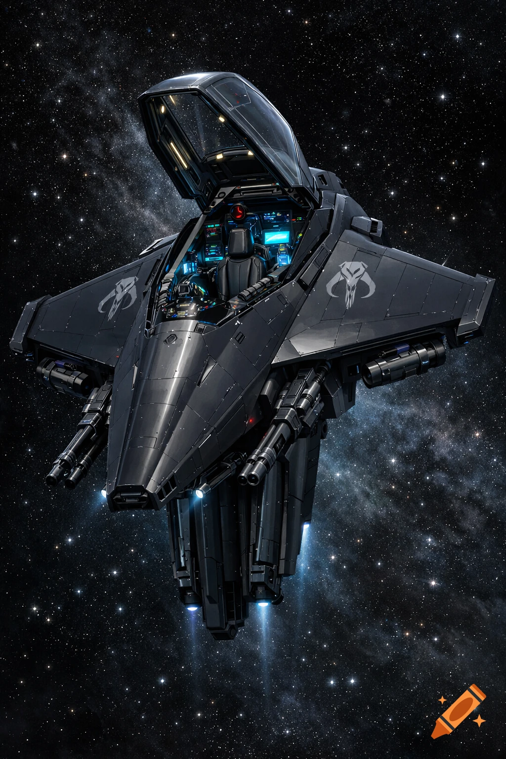 A detailed, dark gray V-shaped stealth spaceship with an open cockpit and glowing engines, flying in a star-filled space. Mythosaur logos are stenciled on its wings and multiple weapons mounts are visible.