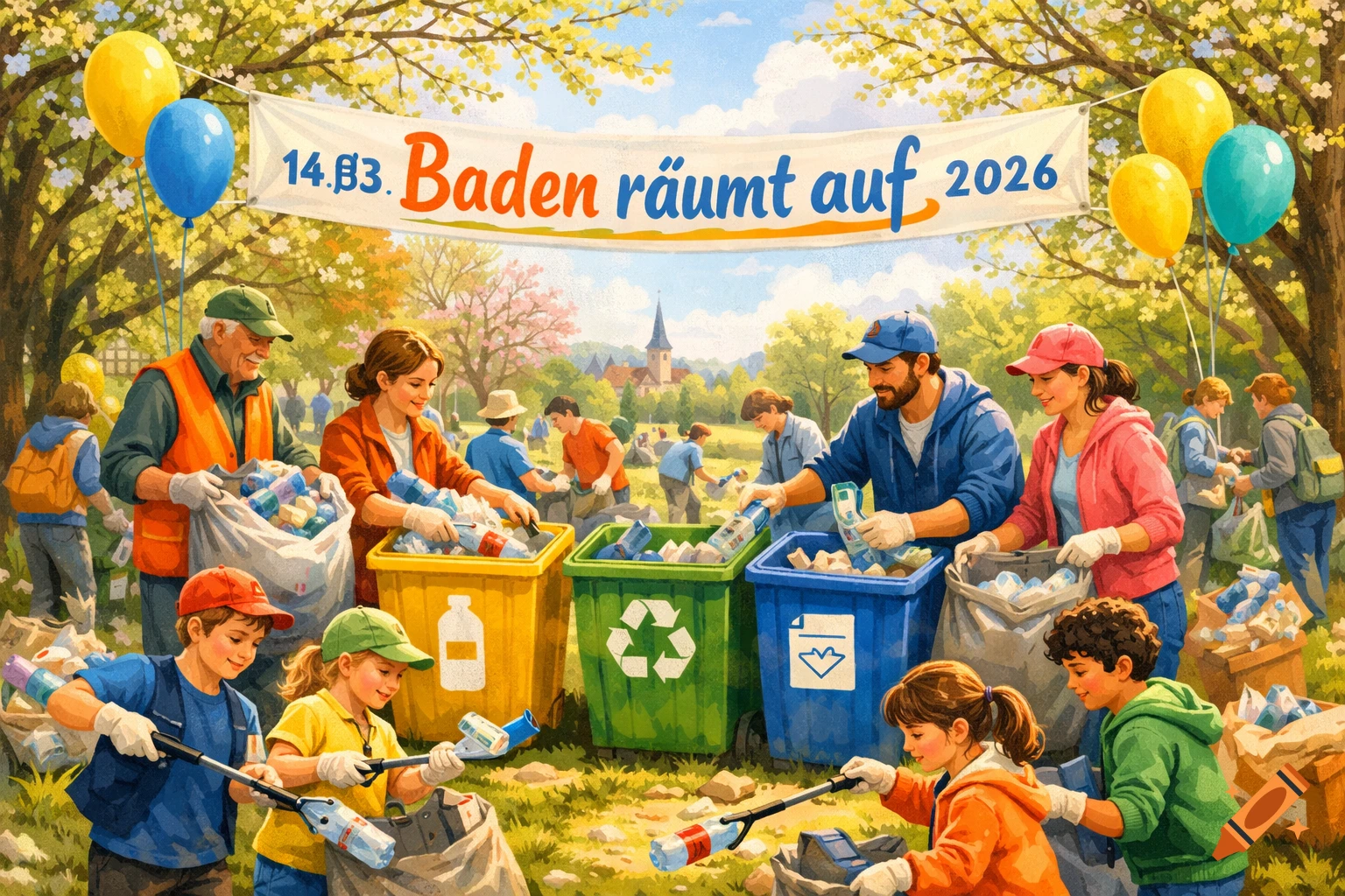 Vibrant illustration of a community clean-up in a park, with adults and children sorting litter into colorful recycling bins.