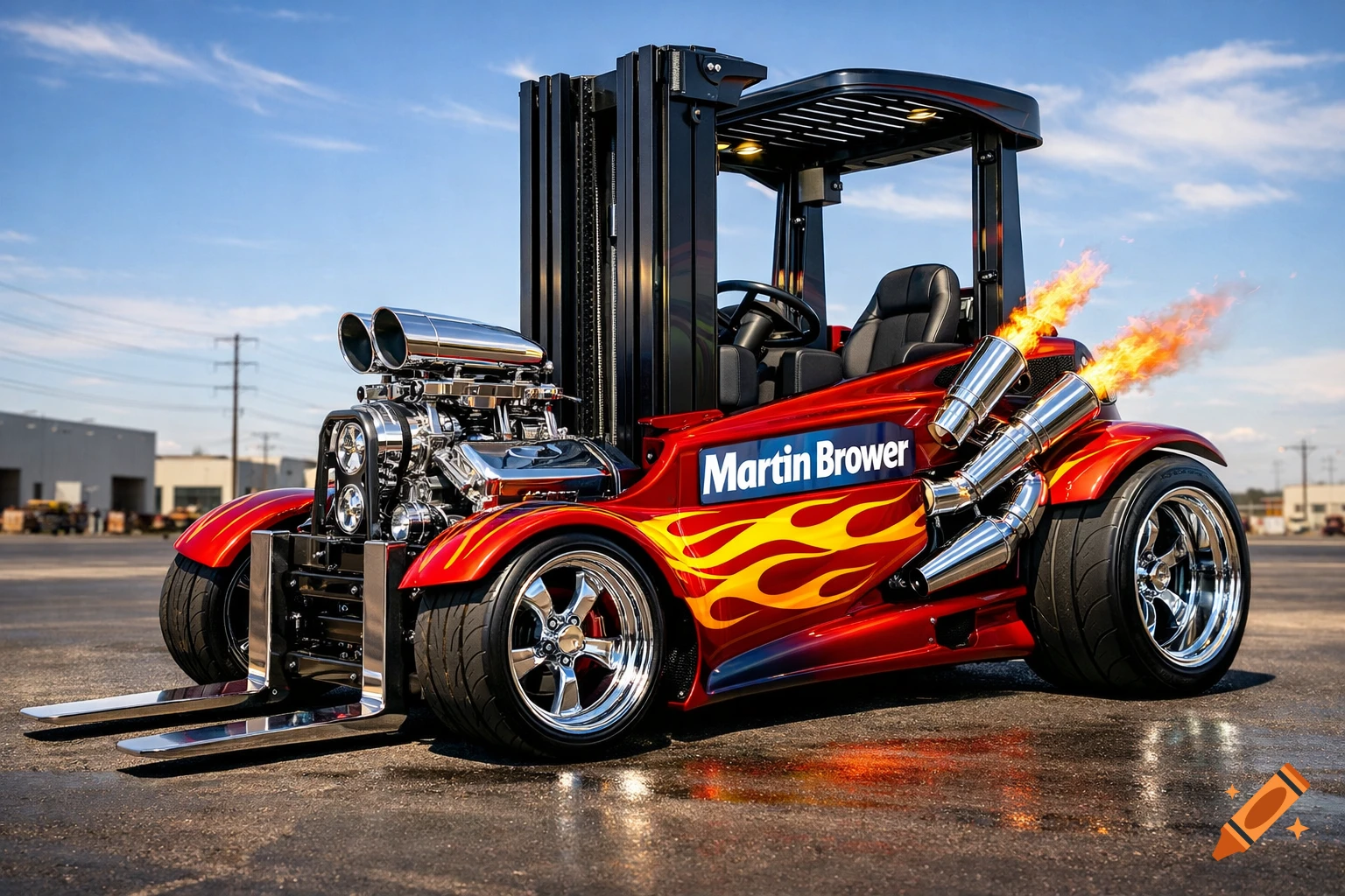A red hot rod style forklift with a prominent chrome engine, flames from the exhaust, and 'Martin Brower' on the side, parked on asphalt.