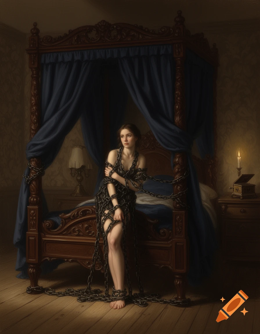 Classical painting of a woman draped in heavy chains, standing beside a four-poster bed in a dim room.