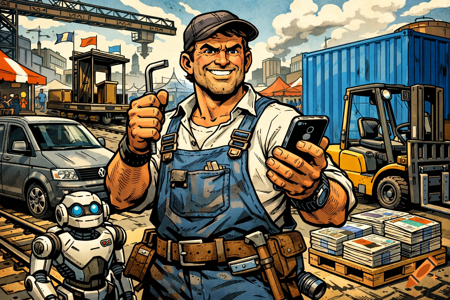 Smiling craftsman in overalls holds a wrench and phone with a robot assistant in a graphic novel style industrial fairground.