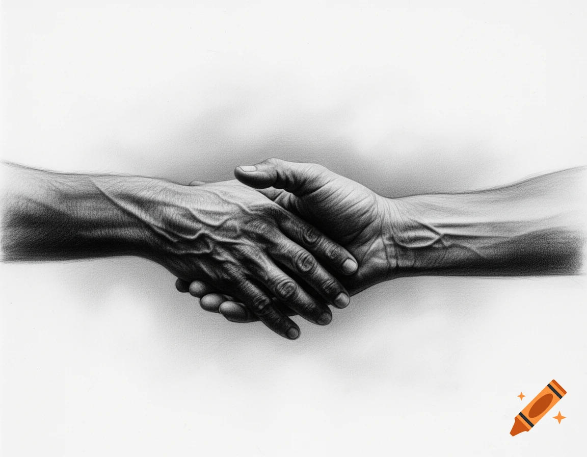 Black and white pencil drawing of two hands clasped in a handshake, symbolizing help or connection.