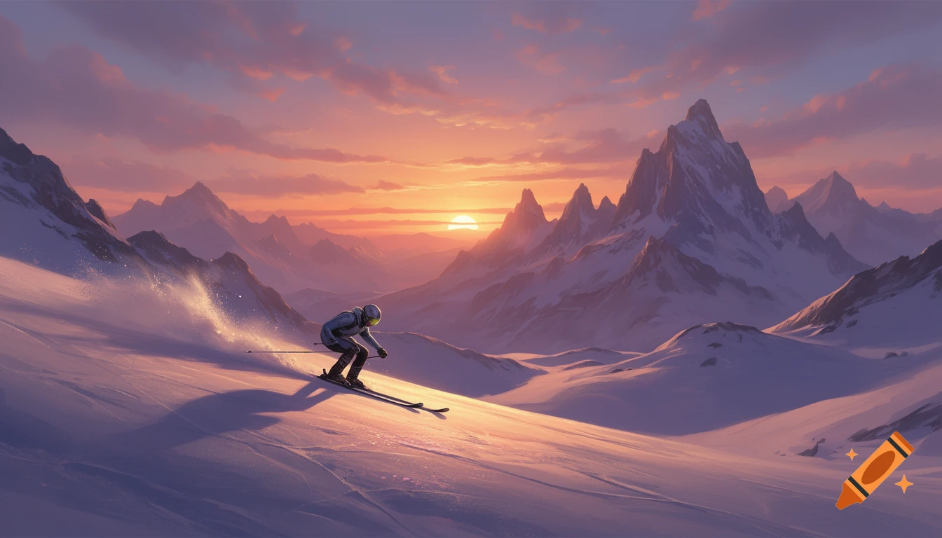A lone skier carves down a vast snowy mountain slope at sunset, with a vibrant orange and pink sky over jagged peaks.