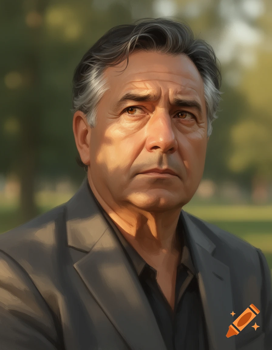 A realistically rendered close-up portrait of a middle-aged man with graying hair, wearing a dark suit, looking to the side.