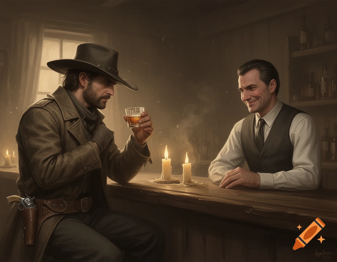 A bearded man in a cowboy hat drinks whiskey at a candlelit bar, while a smiling bartender looks on. Realistic art style.