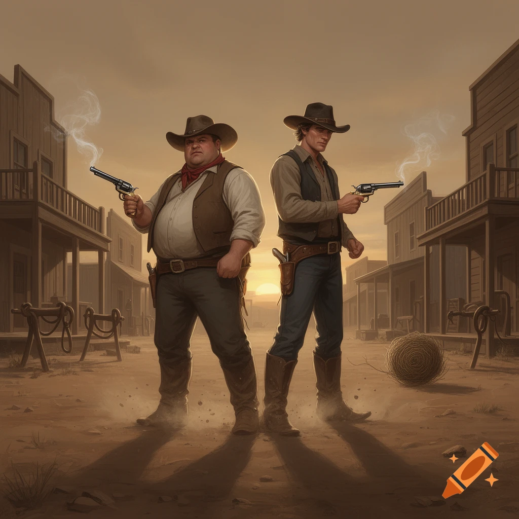 Two cowboys, one stout and one slim, stand in a dusty old west town at sunset, both holding smoking revolvers.
