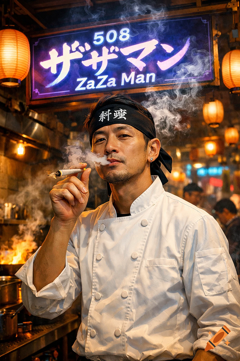 A Japanese chef in a white uniform and black headband smokes a joint in a bustling kitchen under a neon '508 ZaZa Man' sign and glowing lanterns.
