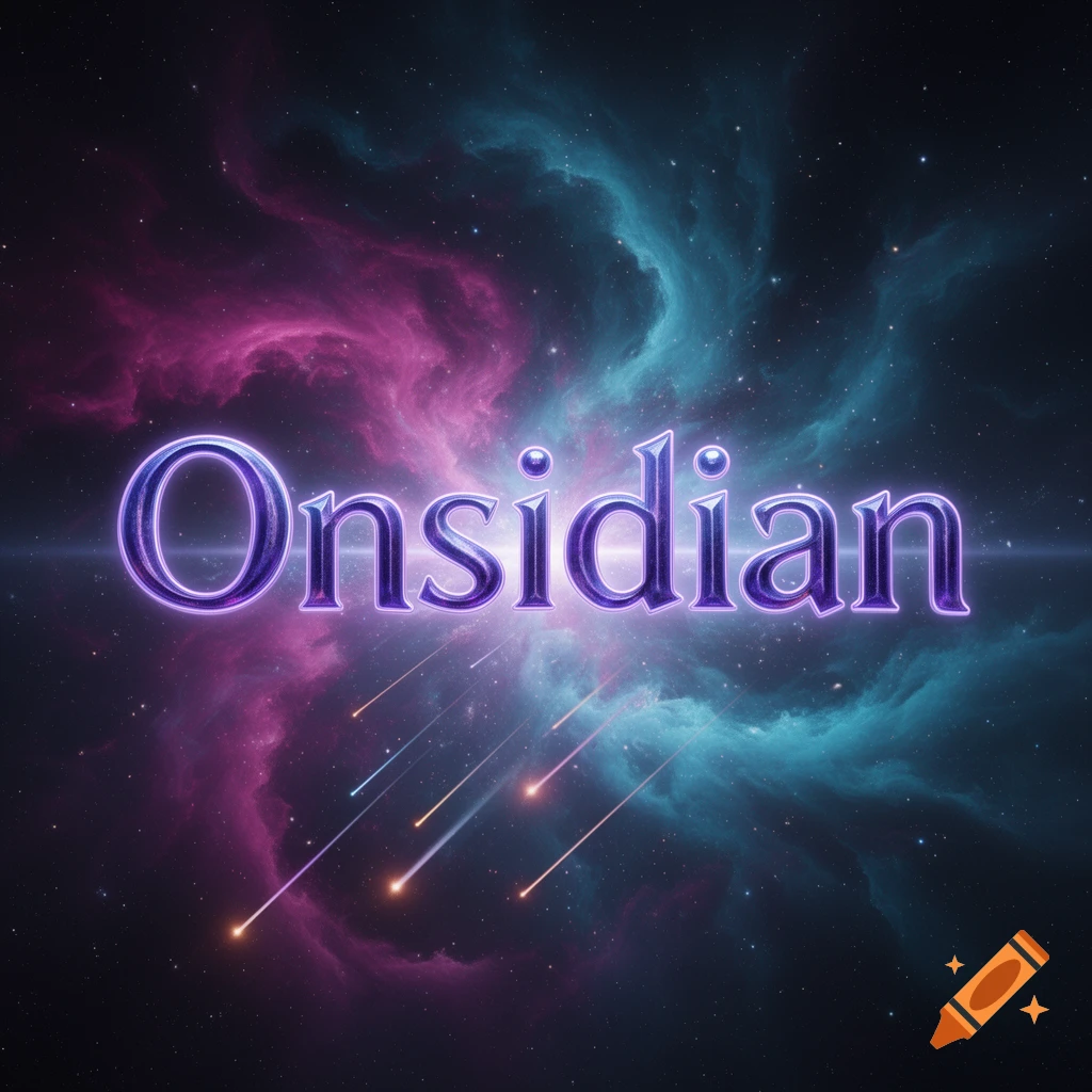 Glowing purple text 'Onsidian' against a vibrant pink and blue nebula background with stars and streaking meteors.