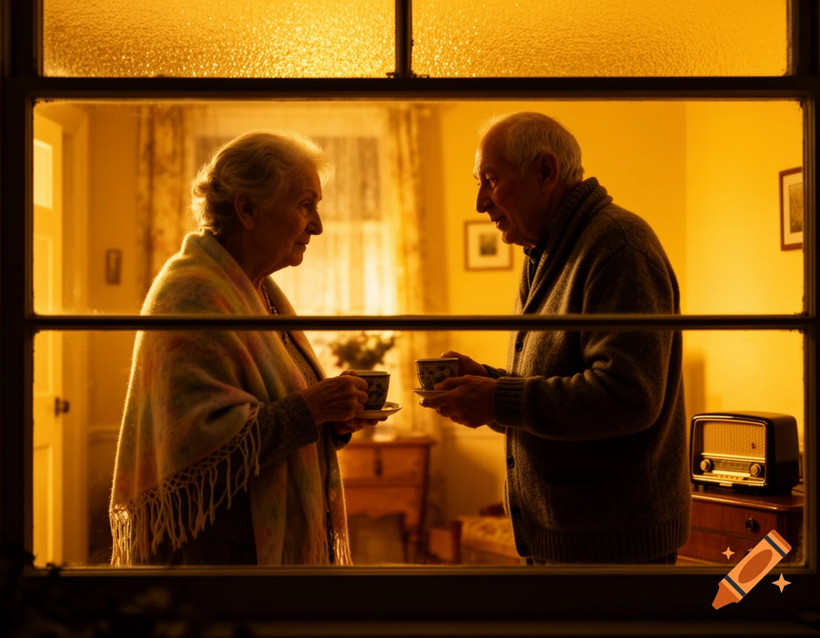 An elderly couple holding teacups, viewed through a window, illuminated by a deep golden light indoors.