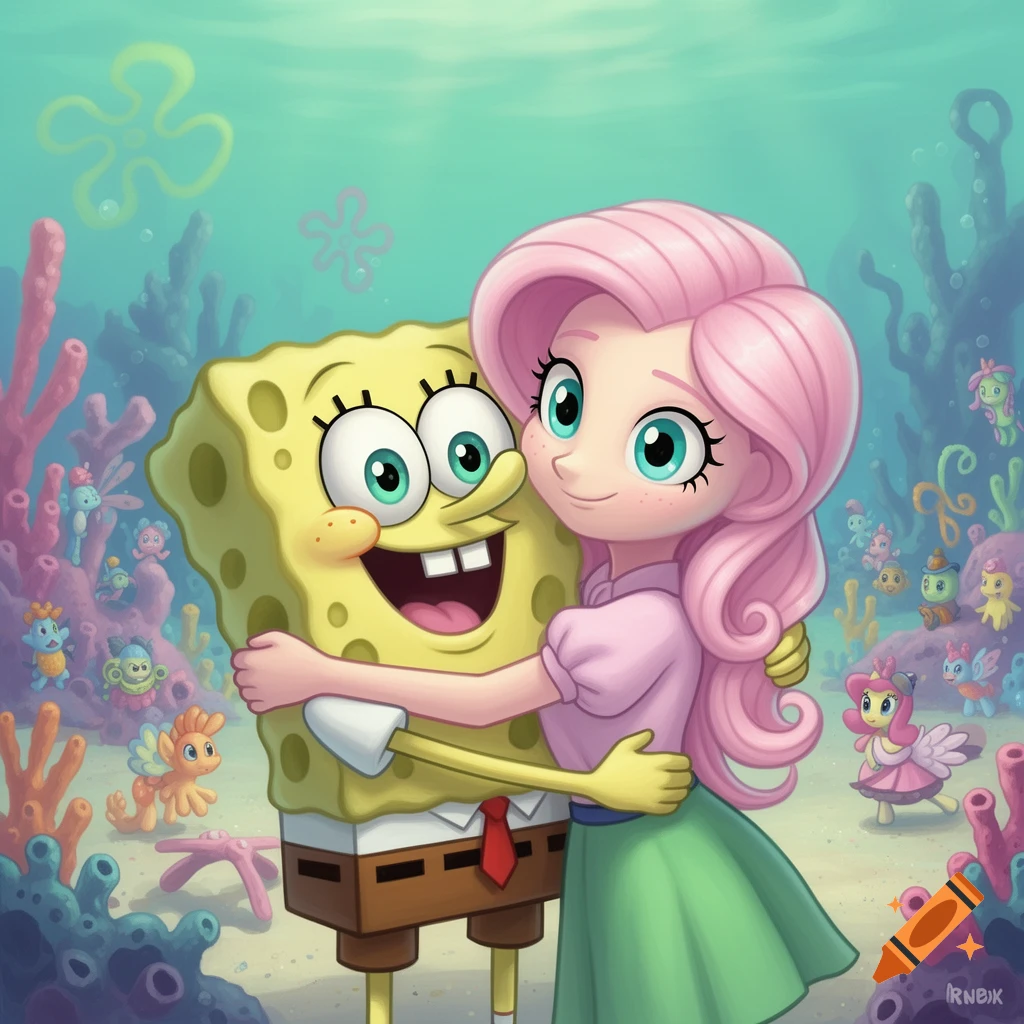 Spongebob and Fluttershy from Equestria Girls hugging underwater in a colorful cartoon style.