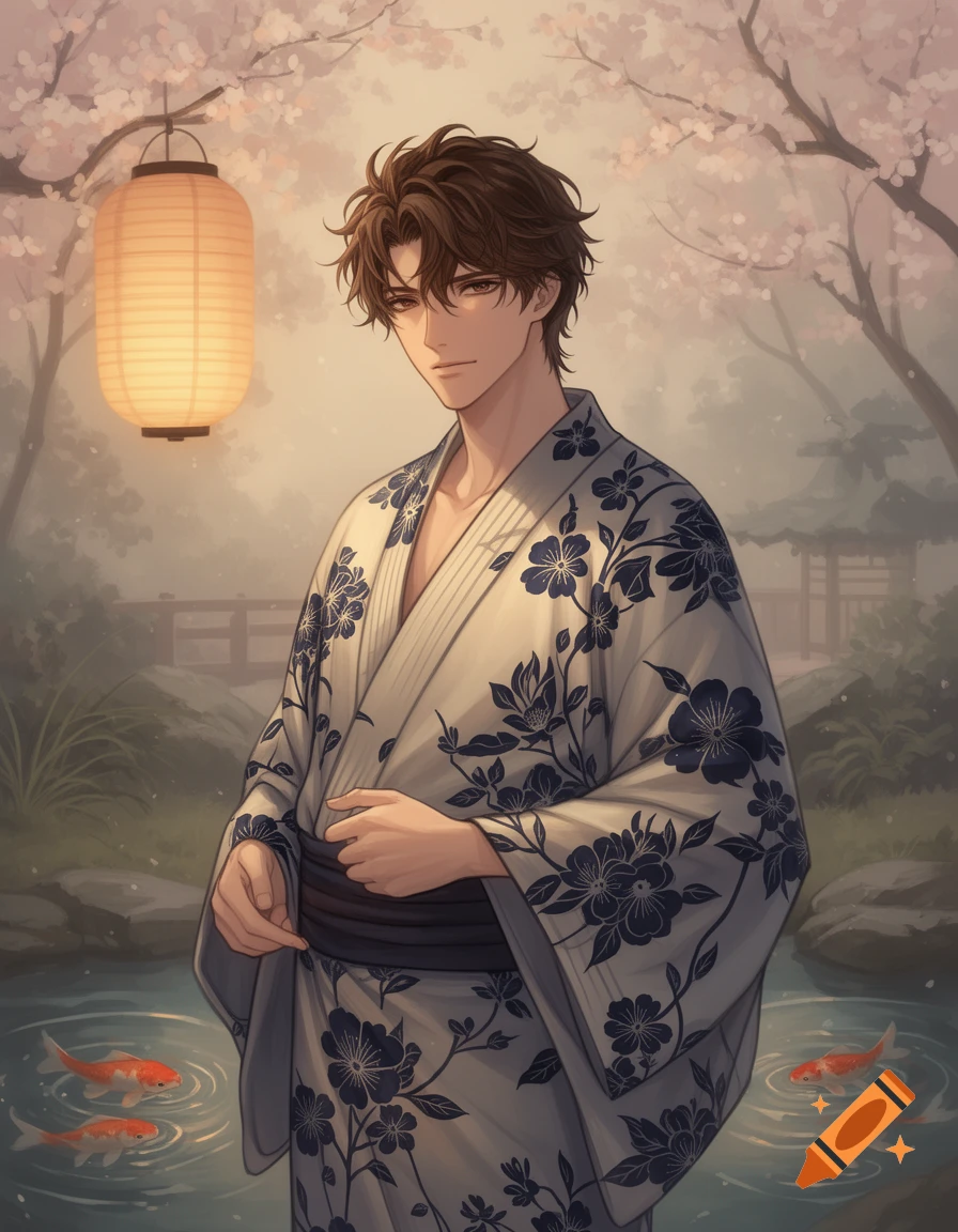Anime illustration of a young man in a floral yukata, standing by a pond with koi fish and a lantern in a Japanese garden.