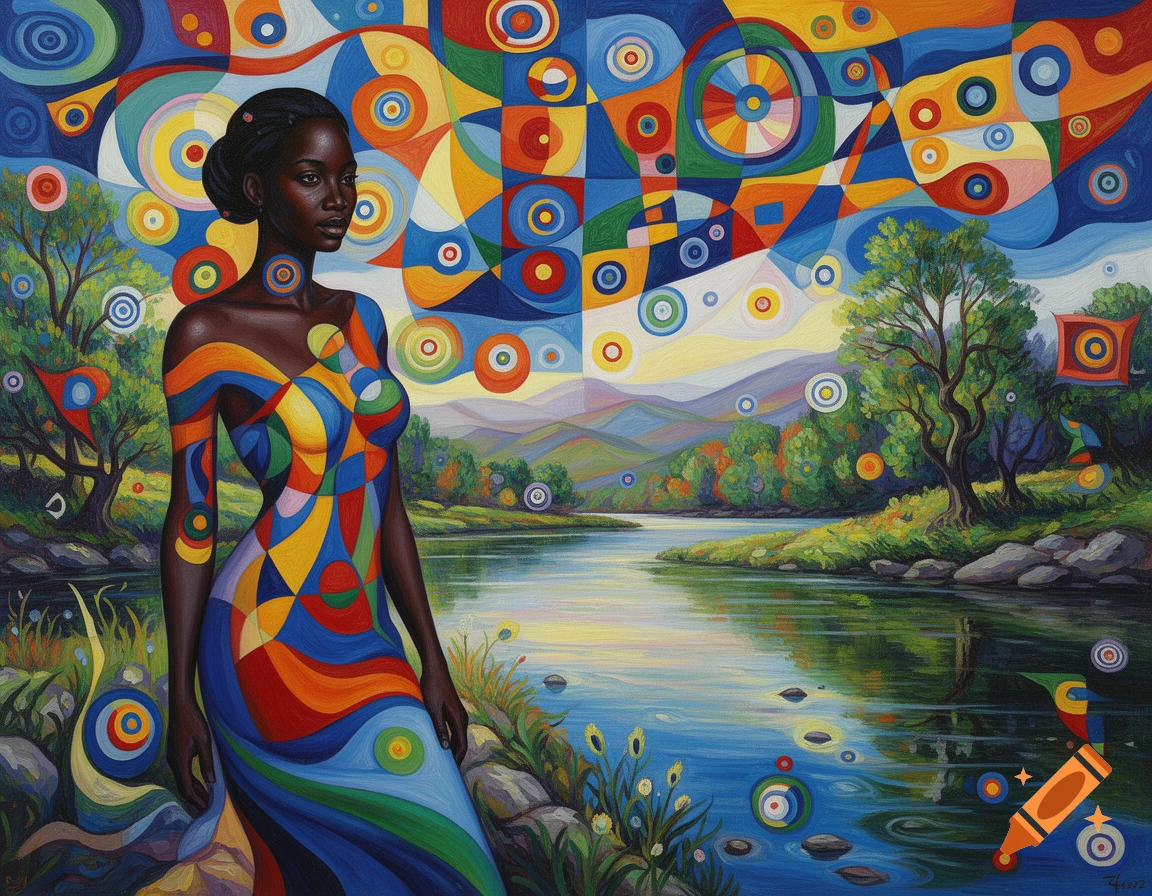 A Black woman in a colorful, geometric dress stands by a river in a vibrant, abstract landscape painting.