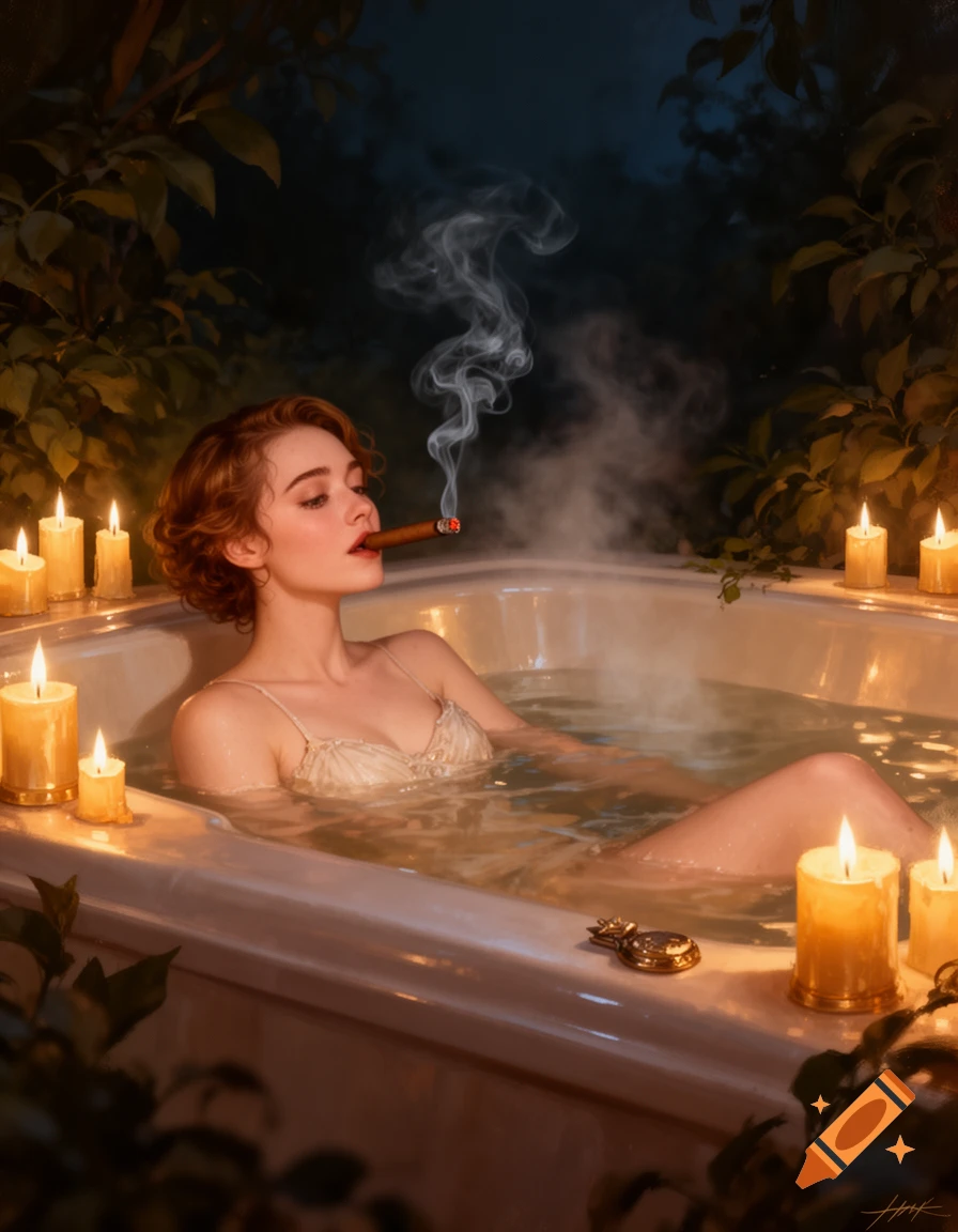 A woman with red hair relaxes in a dimly lit, candle-surrounded bathtub, smoking a cigar, with green foliage in the background.