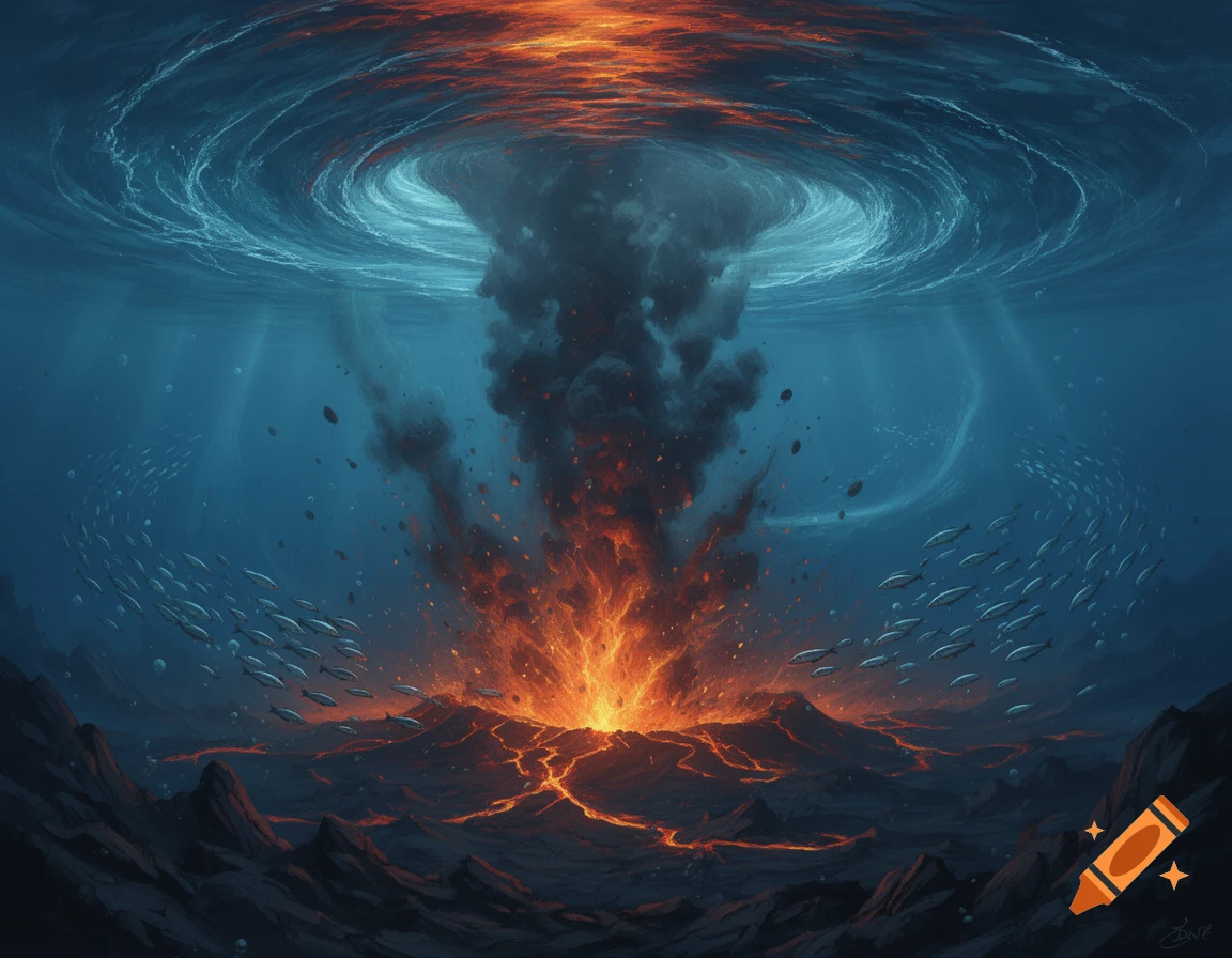 Underwater volcanic eruption with molten lava, dark smoke, a water vortex, and schools of fish.