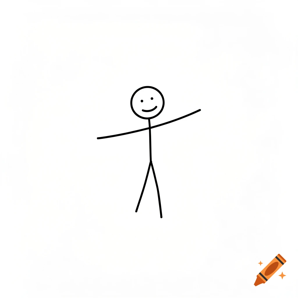 A simple black line stick figure with a smiling face, arms outstretched, centered on a plain white background in a minimalist style.