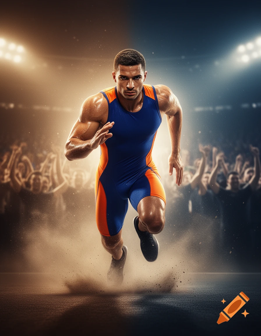 Muscular male athlete in a blue and orange singlet sprinting on a track, kicking up dust in a stadium.