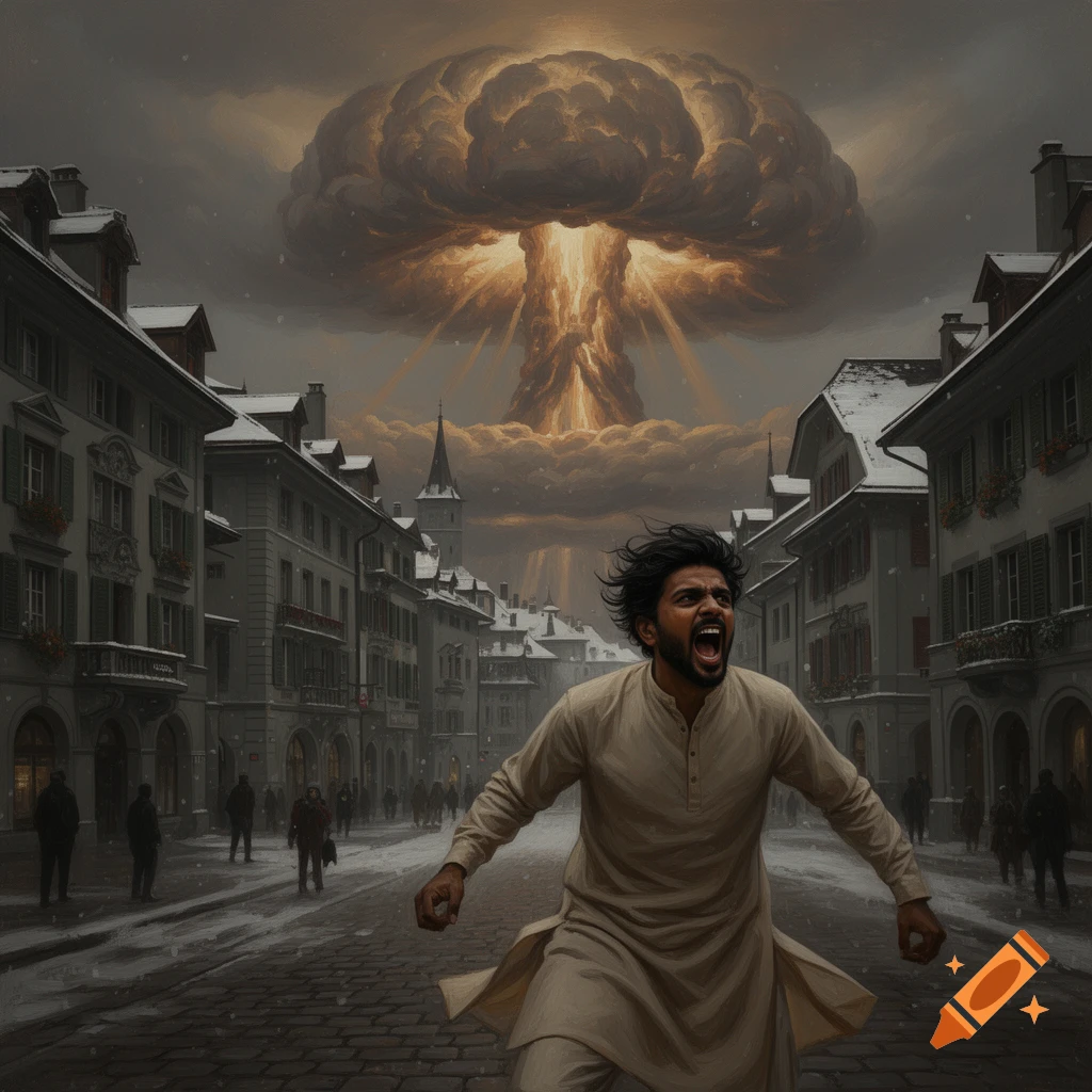 A terrified Indian man screams and runs down a snowy city street as a massive nuclear explosion cloud rises in the background.