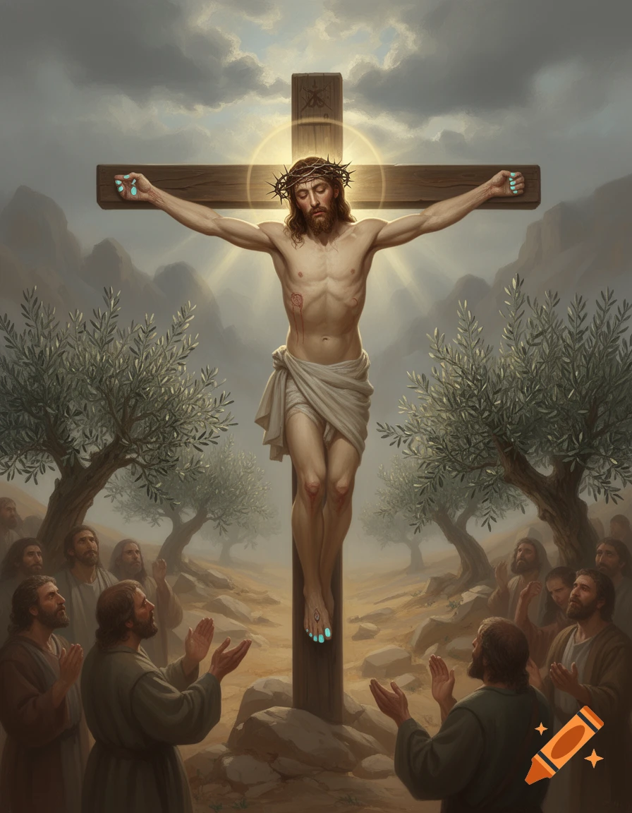 A painted scene of Jesus on a cross with turquoise painted fingernails and toenails, surrounded by mourning figures.