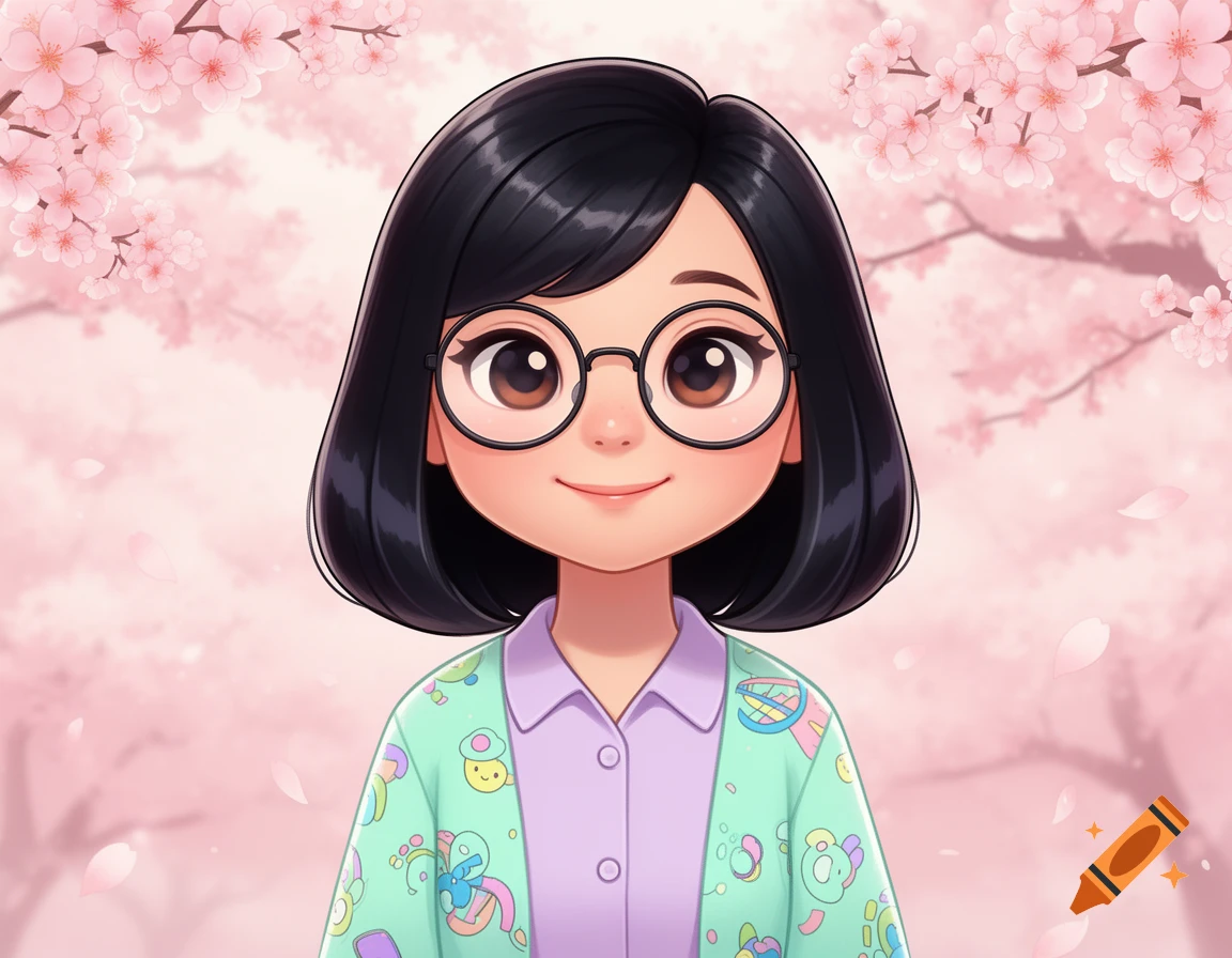 A friendly cartoon Asian woman with short dark hair and glasses, wearing a patterned cardigan, smiling amidst pink cherry blossoms.