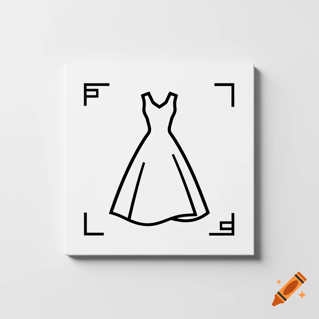 A minimalist line art pictogram of a dress on a white canvas, framed by abstract corner symbols.
