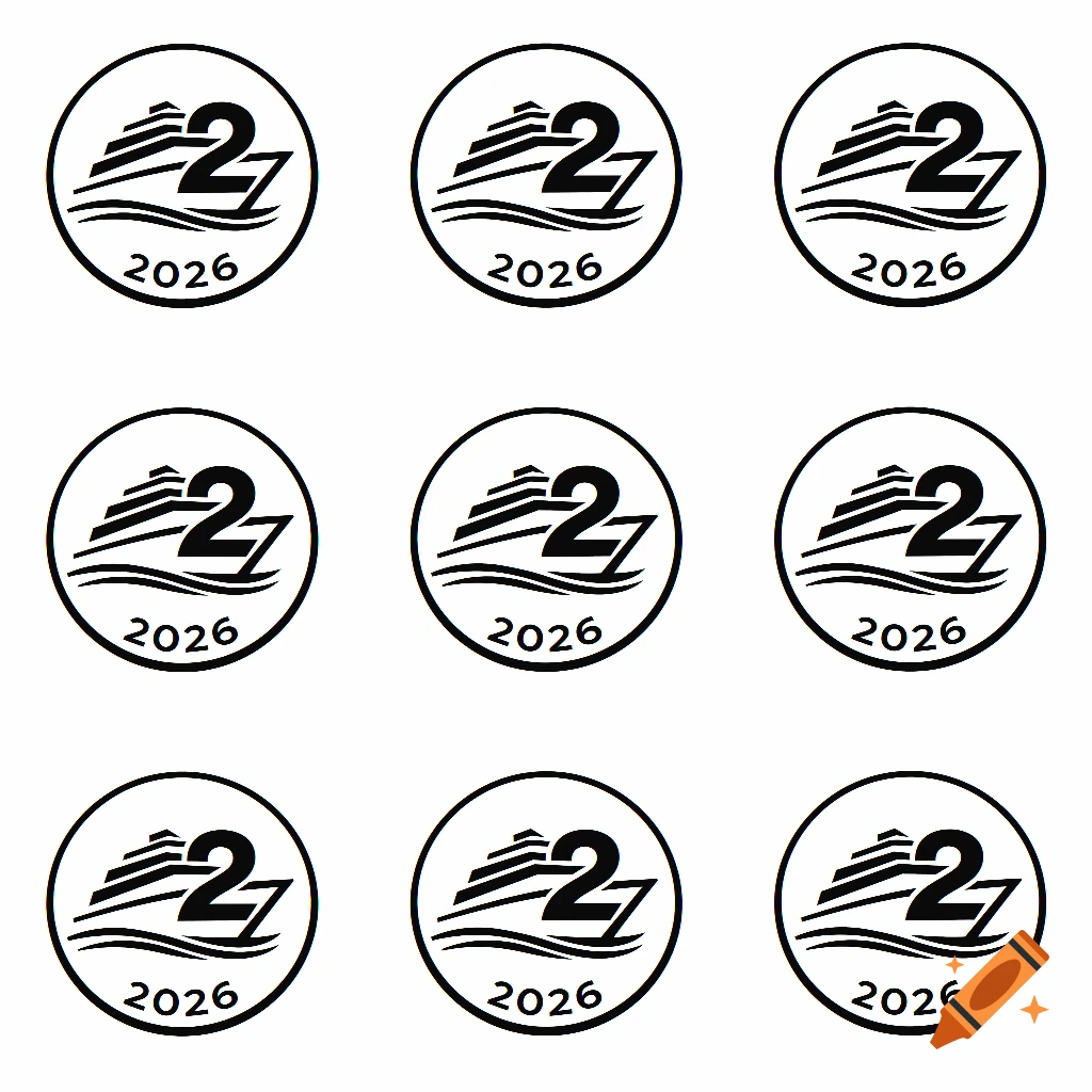 Nine identical black and white circular logos, each featuring a minimalist cruise ship with the number 2 and the year 2026.