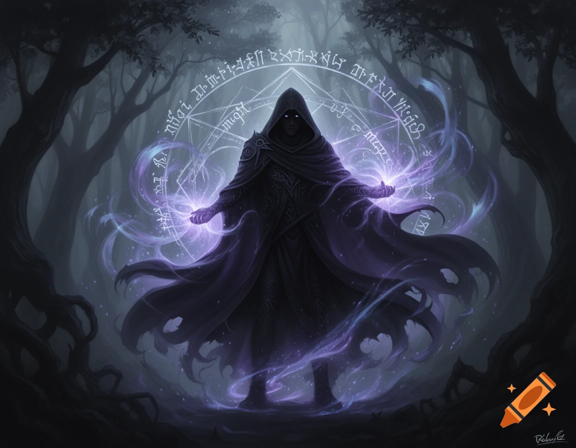 A dark, hooded wizard casting purple magic in a foggy, ancient forest, with glowing runes in a circle above.