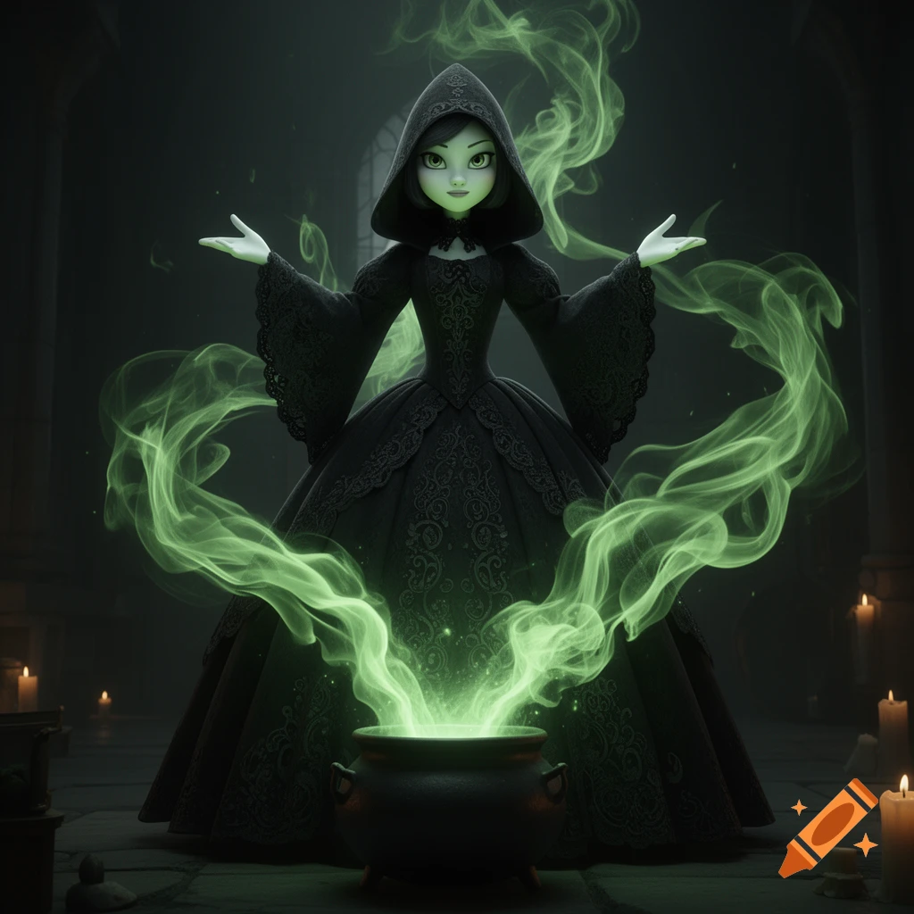 A stylized animated character, an adult Marcy Wu from Amphibia in a black hooded gown, stands over a cauldron emitting glowing green smoke in a dark, atmospheric room.