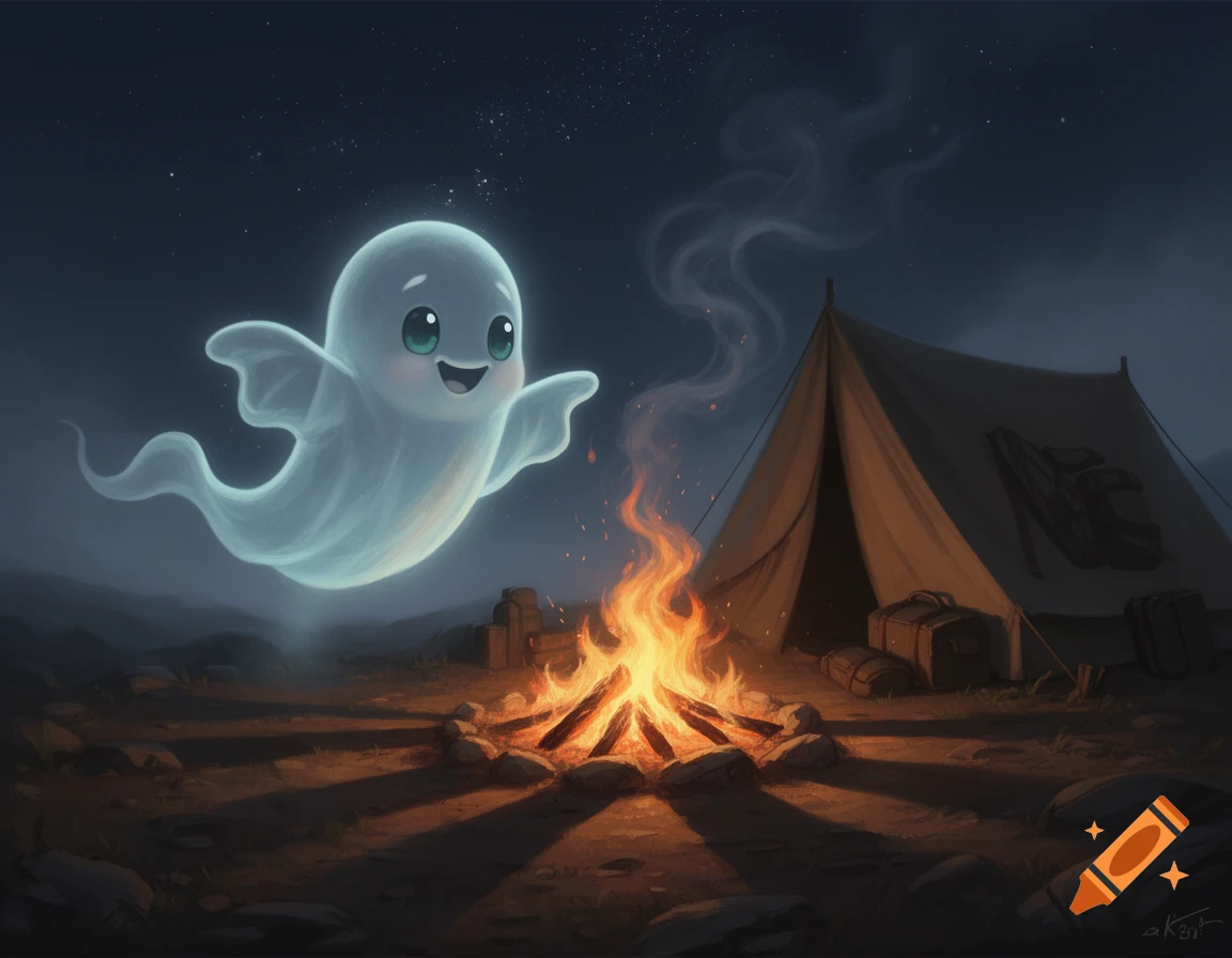A cute, smiling cartoon ghost hovers over a crackling campfire beside a tent at night under a starry sky.