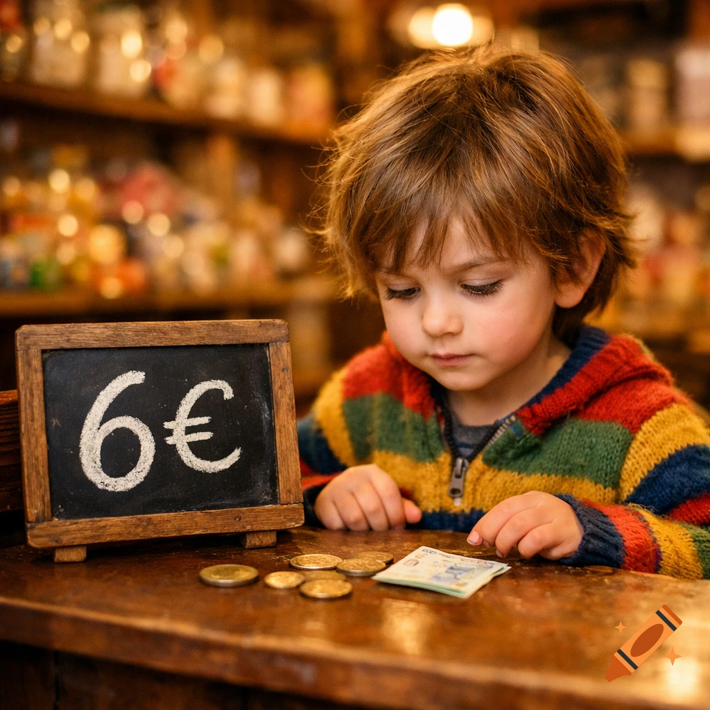 A young child in a colorful sweater looks down at coins and a banknote on a wooden counter next to a chalkboard sign displaying '6 '.