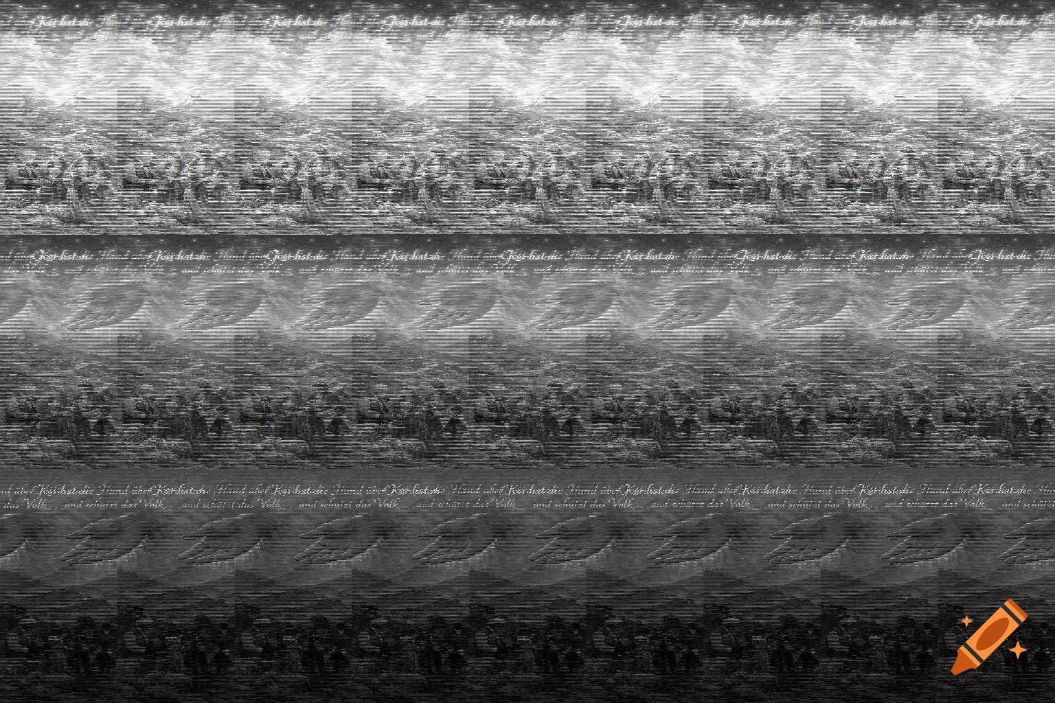 Black and white glitch art image with distorted patterns and repeating German text 'Gott hat die Hand über Kurdistan und schützt das Volk'.