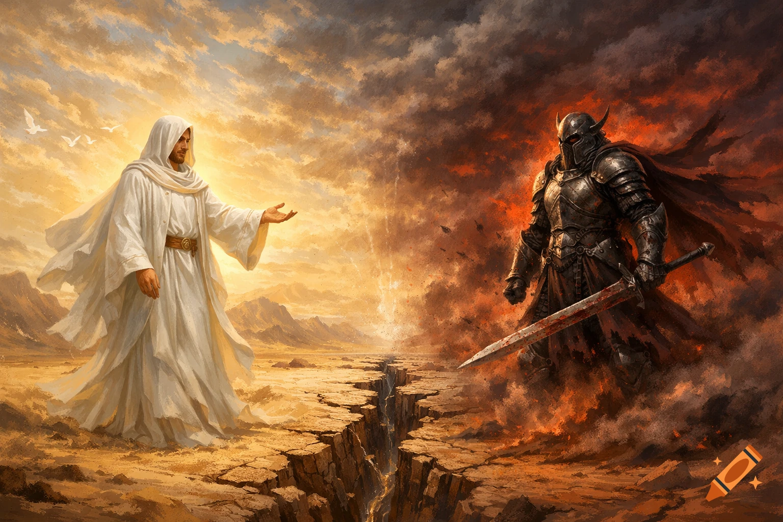 A glowing figure in white robes with an outstretched hand faces a dark armored knight with a bloody sword, separated by a cracked desert and a sky split between light and dark fiery clouds.
